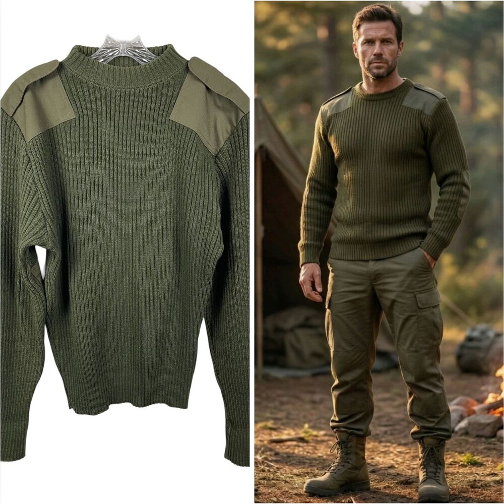 Military Wool Service Sweater DSCP Green Epaulettes Elbow Patches Men's Sz 44